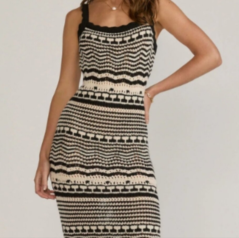 Joie Black White Knit Crochet Midi Dress NEW